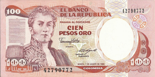 Colombia 100 Pesos 7 Agosto 1989