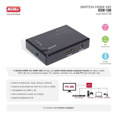 Switch Hdmi Kolke 3x1 C/control Remoto 3d 1.4a