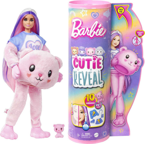 Barbie Cutie Revelar Muñeca Con Traje De Cabello Rosa Y Oso