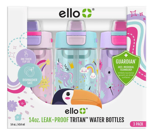 Pack 3 Botellas De Agua Ello Tritan Para Niños 400ml Color Rosa