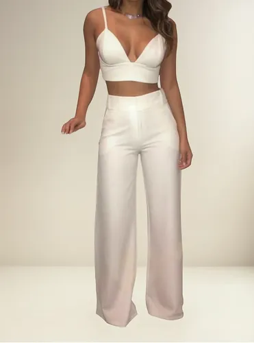 Conjunto Calça Flare Pantalona E Cropped Curto Decote #cj25