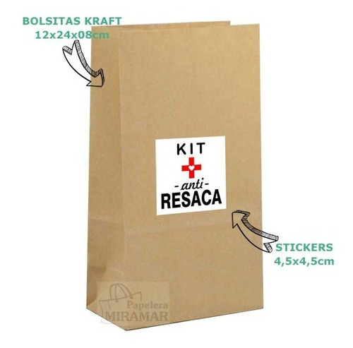 25 Bolsas Papel Kraft 13x24 + Stickers Para Kit Anti Resaca