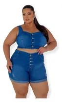 Comprar Conjunto Jeans Plus Size Feminino Cropped E Short Com Lycra 