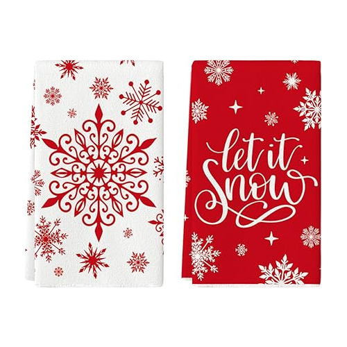 Red Snowflake Let It Snow Winter Kitchen Towels Dish To...