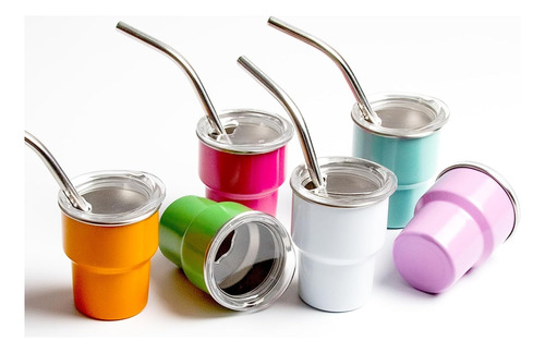 6 Vasos Pequeños Con Popote Y Tapa, Lindos Vasos Aislados De