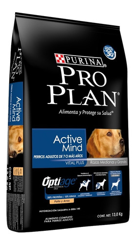 Alimento Pro Plan OptiAge Active Mind 7+ para perro senior de raza mediana y grande sabor pollo y arroz en bolsa de 13kg