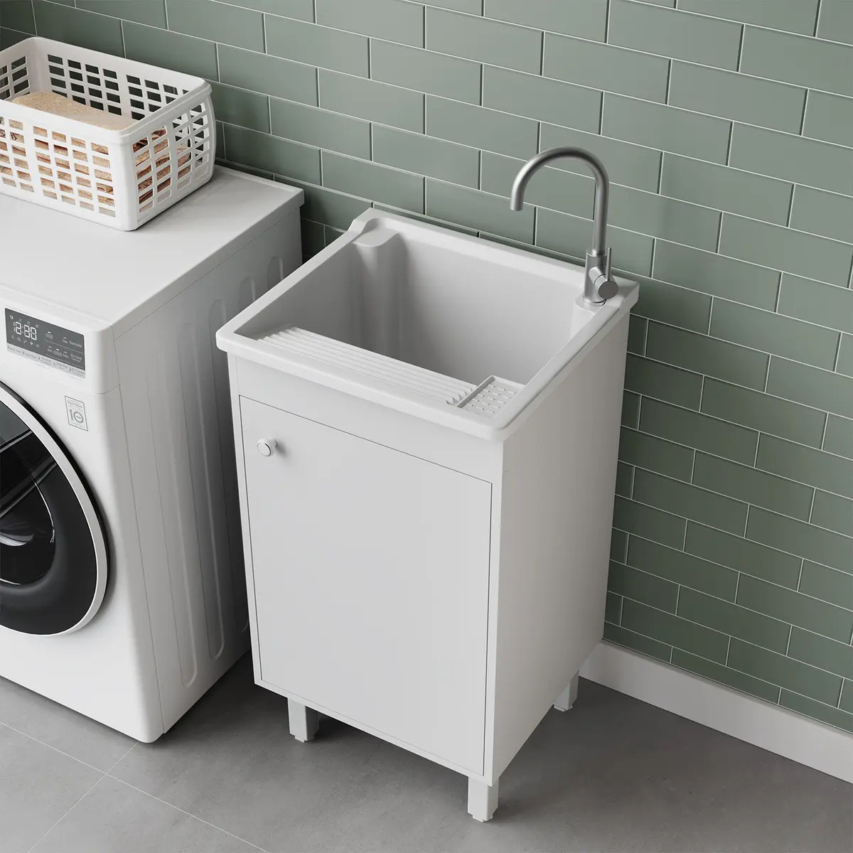Tanque de Lavar Roupa Com Gabinete | Kit com Tanque 26l Plástico Branco, Válvula e Sifão| Armário para área de serviço 100% MDF Entregue Montado | Ótimo Custo-Benefício e Praticida