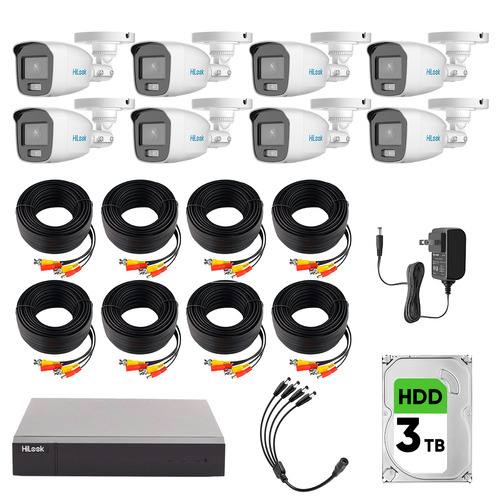 Hilook Kit de Camaras de Seguridad Exterior CV/A8-PLUS Video Vigilancia TurboHD 1080p CCTV 8 Cámaras Bala ColorVu con Micrófono Integrado