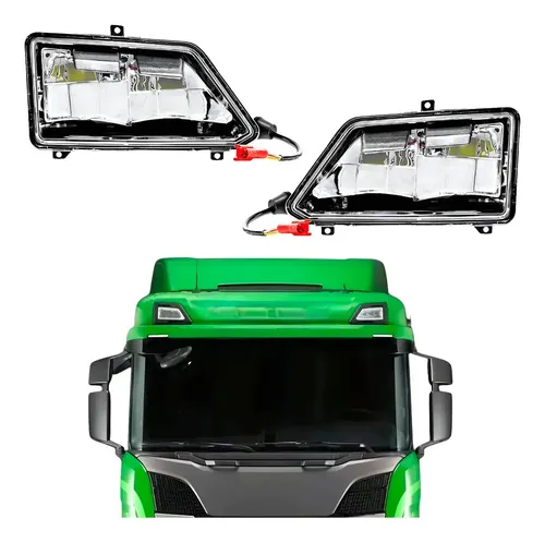 Par de faróis auxiliares LED com chicote, acima de um caminhão Scania NTG verde