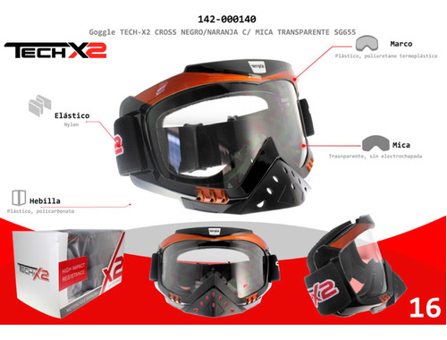 Goggle Techx2 Motociclista Ngro/naranja Mica Transparente