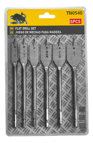 Broca Mecha Plana Madera 6pc 3/8 - 1/2 - 5/8 - 3/4 - 7/8 - 1