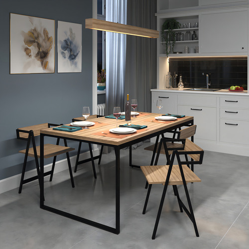 Conjunto Mesa 120x90cm Laminado Com Preto Com 4 Cadeiras Design Nórdico Para Cozinha Ou Sala De Jantar Industrial