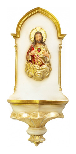 Imagem 1 de 6 de Pia De Água Benta Gótica Sagrado Coração De Jesus Dourada