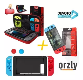 7-1 Kit Funda Nintendo Switch Orzly + Vidrio 9h Premiun + Silicona Completo Estuche Accesorios Joy Con