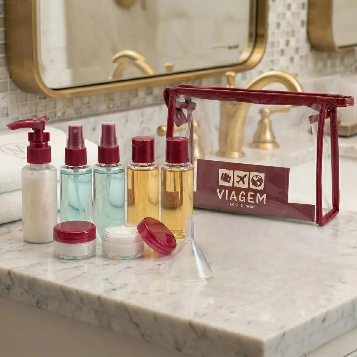 Kit De Frascos 10 Peças Viagem Porta Cosméticos Jacki Design Cor Vinho