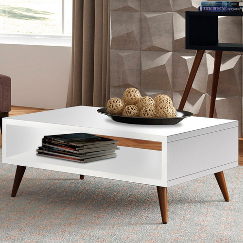 Mesa De Centro Canto Pé Palito Retangular Para Sala Mdf Cor Branco
