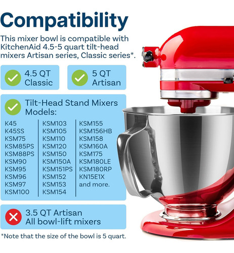 Tazón Mezclador De Acero Inoxidable Para Kitchenaid 4.5-5 Qt
