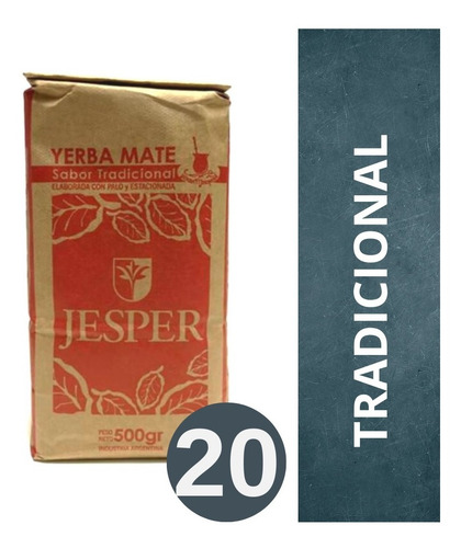 Imagen 1 de 8 de Yerba Mate Jesper Tradicional Sin Tacc Pack De 20 X 500 Gr