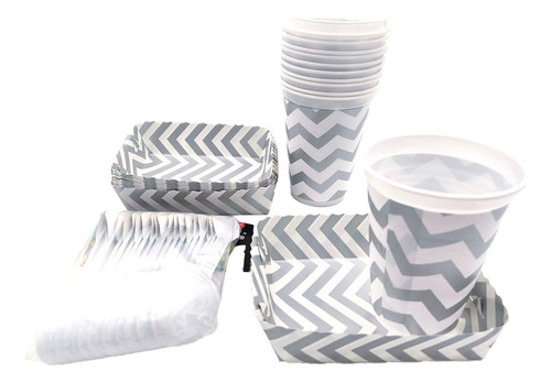 Kit Fiesta Vasos Platos Y Cubiertos Lineas Plateado X 12 Un