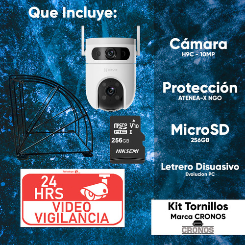 Cronos Kit Cámara Ezviz H9c-256-protec + Esctructura Metalica + Micro Sd 256gb Cámara Pt Doble Lente 10 Mp H9c Detección Humana Y Vehiculo Vision Nocturna A Color