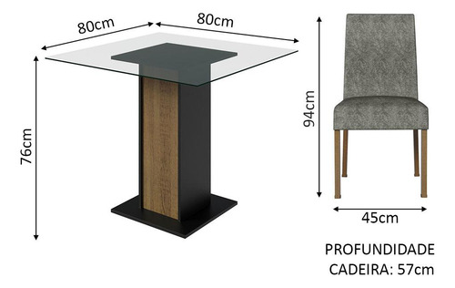 Sala Jantar Mesa Tampo Vidro 4 Cadeiras Ivy Madesa R/p Cor Rustic/Preto/Silver