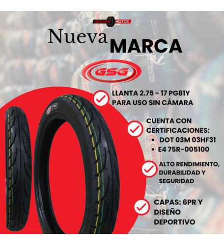 Llanta Gsg Pg81y 2.75-17 Tubeless 6pr 47p Para Moto Trabajo