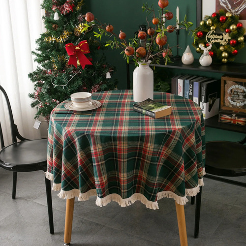 Mantel Navideño Redondo Con Rojo Y Verde
