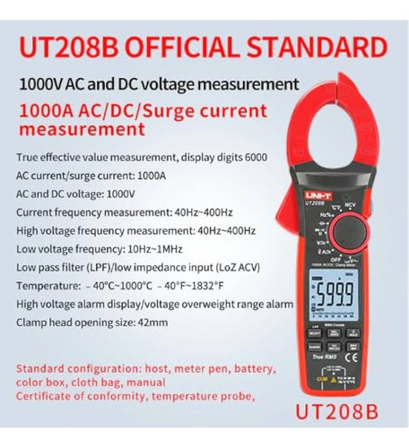 Uni-t® Ut208b® Amperimetro Tenaza 1000a Ac/dc True Rms Loz