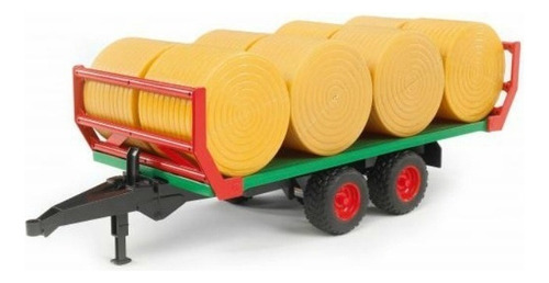Trailer de transporte Bruder Bale com 8 fardos redondos, personagem amarelo, vermelho e verde, sem brinquedos de personagens