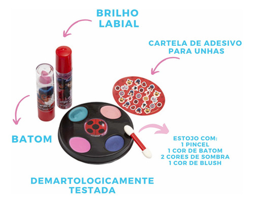 Imagem 2 de 6 de Kit Maquiagem Infantil Antialergica Ladybug Brilho Labial