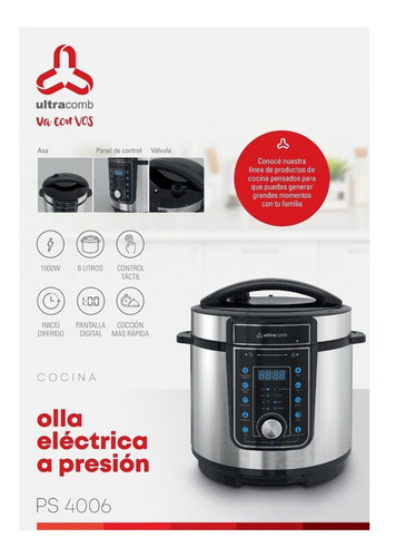 Olla Electrica A Presion Ultracomb Ps4006 1000w 6lts Digital Plateado