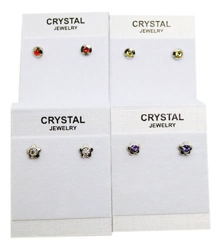 3 Pares Aretes Broquel Acero Bañado Rodio Cristal Austriaco