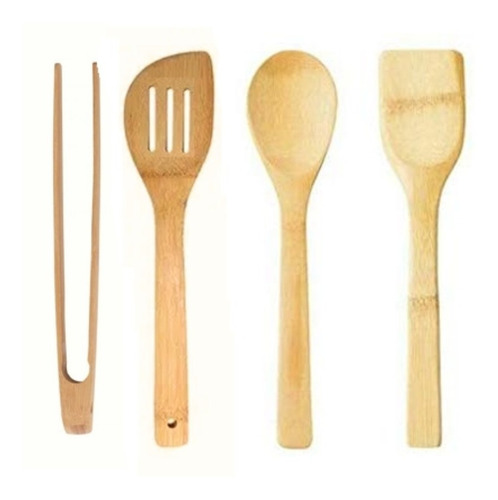 Set Utensillos Cocina Madera Bambu Cuchara Espatula Pinza