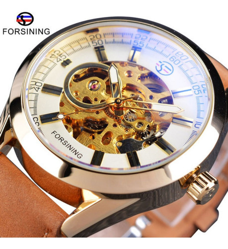 Reloj Forsining Casual Leather Luminous Para Hombre Color De La Correa Marrón Color Del Fondo Blanco