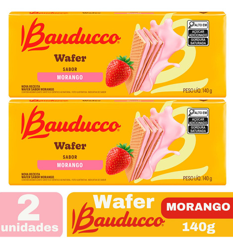 Kit 2 Biscoito Wafer Recheado Bauducco Morango 140g