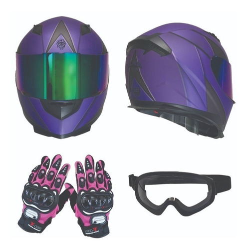 Casco Moto Rosa Morado Novak Kov + Guantes Touch + Goggles