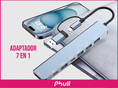 Hub Usb-c 7 Em 1 4 Portas Usb+leitor Cartão+carregamento