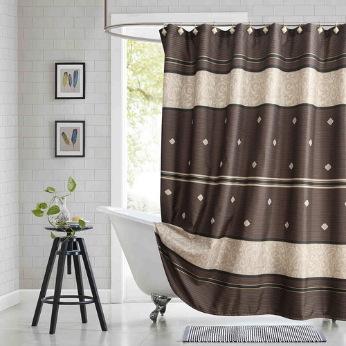 Estripe Cortina Ducha Tela Marron Patron Raya Para Baño 72 