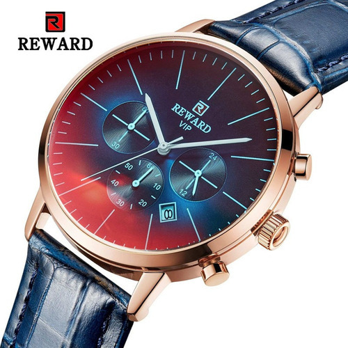 Reloj cronógrafo de piel Reward Quartz Calendar, color del bisel: azul rosa