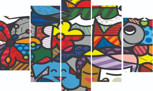 Quadro Romero Britto 5 Peças  Artes Coloridas 