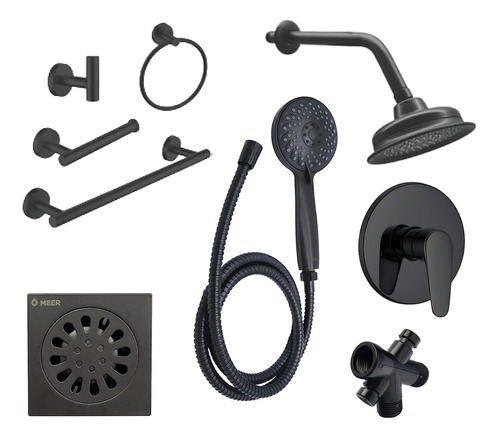 Meer - Kit Con Regadera, Teléfono Y Accesorios Negro Mate