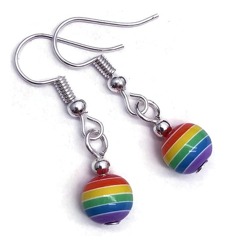 Rainbow Earrings 8mm Striped Acrylic Beads Silver Tone Nicke