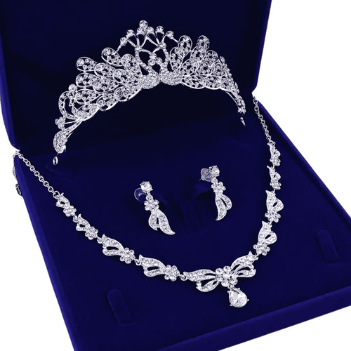 Kit Tiara Coroa + Colar Brinco Noiva Debutante Princesa Luxo Cor Prateado