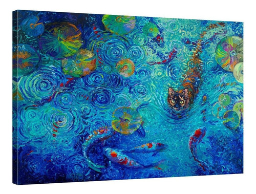 Cuadro Canvas Tipo Oleo Gato Peces Azul Turquesa Decorativo 