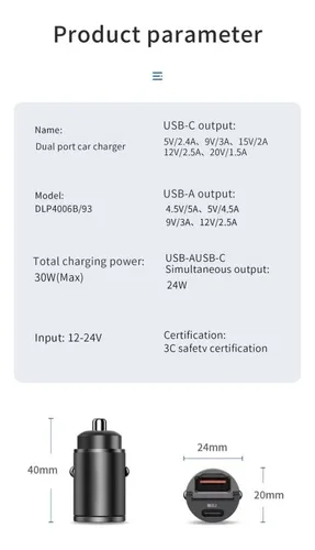 Mini Cargador Automóvil 12-24v Carga Rápida 1 Puerto Usb 1 C