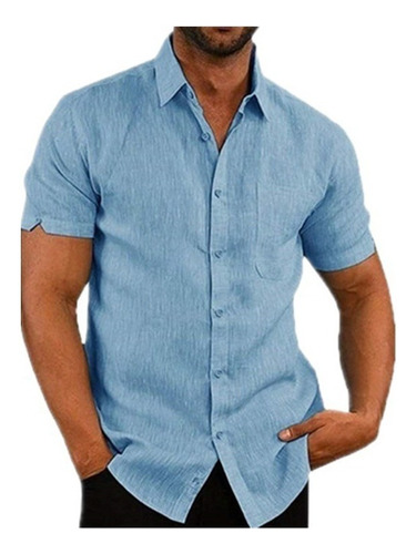 Camisa Slim Fit Hombre Manga Corta Cuello Mao Casual Vestir