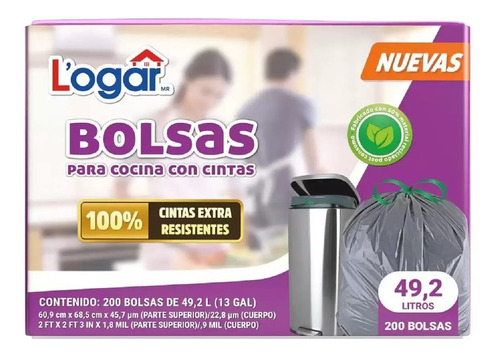 Bolsas  Basura Cocina Logar Con Cintas 200 Bolsas  49.2l