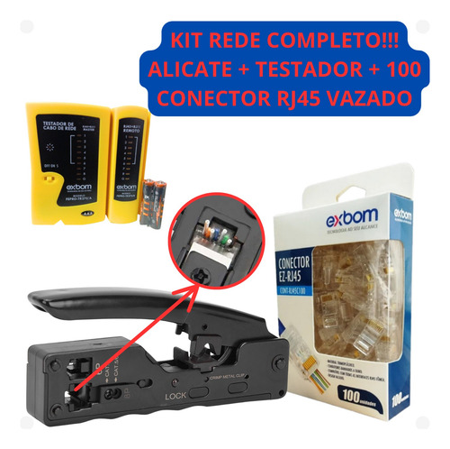 Kit Teste Cabo Rede + Alicate Crimpar Rj45 Ez + 100 Conector