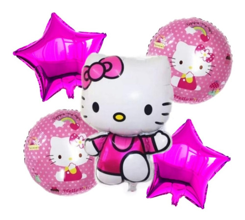 Imagen 1 de 3 de Set Globos Metalizados Hello Kitty Estrellas+ Esfericos 5pzs