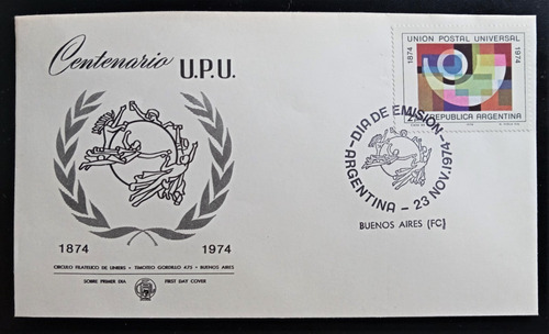 Argentina, Sobre 1er Día Centenario Upu 1974 L17197